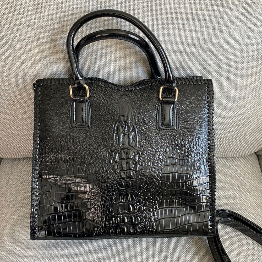Black shiny pleather animal embossed print